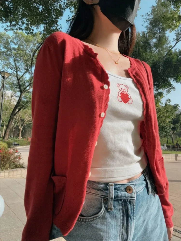 عيد الميلاد جيوب حمراء ضئيلة سترة مشغولة من الصوف امرأة س الرقبة طويلة الأكمام القطن البلوزات الحلو نمط Preppy تريكو معطف القمم
