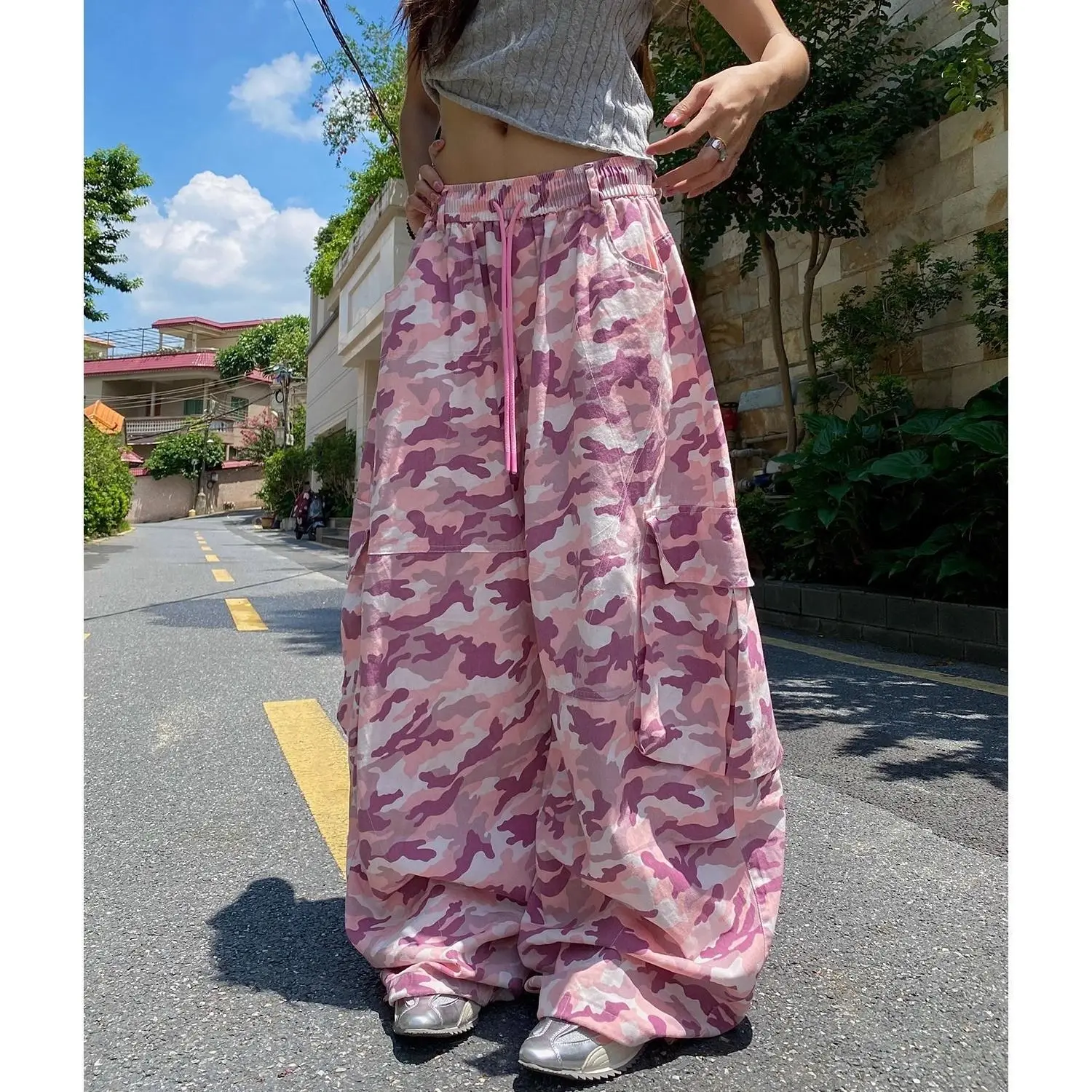 Pantaloni Cargo Americani Unici in Camouflage Rosa, Vita Alta, Gamba Larga, Casual Streetwear con Coulisse in Vita e Tasche Laterali, Stile Hip Hop e Danza