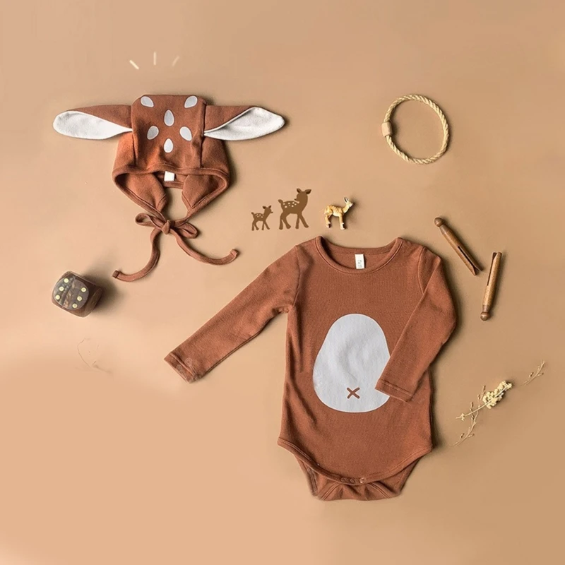 

Baby Photo Costume Cosplay Jumpsuit Reindeer Ear Beanie Hat Newborn Photo Props OnePiece Long Sleeves Romper Outfit