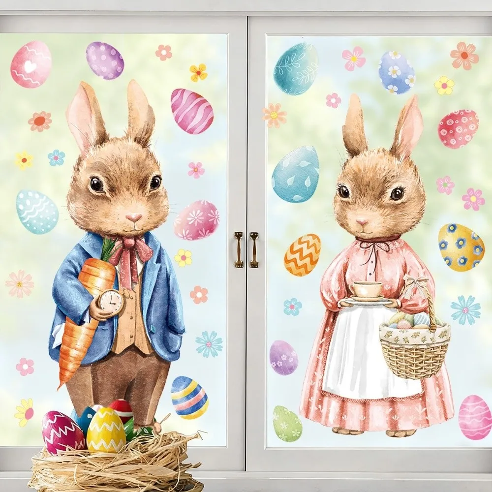 Creative Easter Door Stickers Waterproof Removable Static Easter Egg Window Decals DIY Cartoon Easter Bunny Static Cling Decal