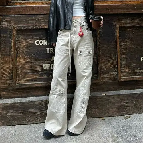 

American Vintage Pants Multi Pocket Cargo Flare Women High Waist Baggy Bell Bottom Trousers Y2K Streetwear Casual Summer Pants