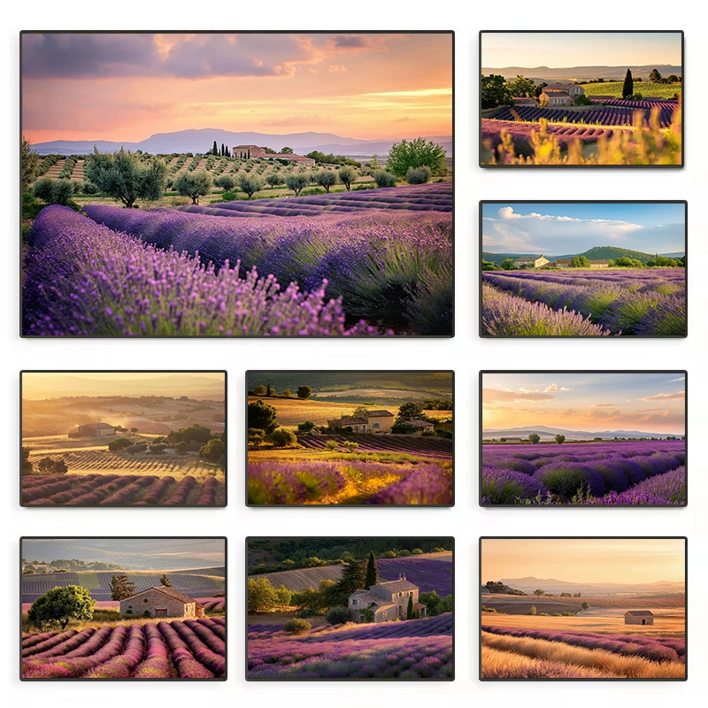Modern Sunset Provence Lavender Landscape Rustic Village Flower Field Poster Canvas Painting Wall Art Pictures Home Decor