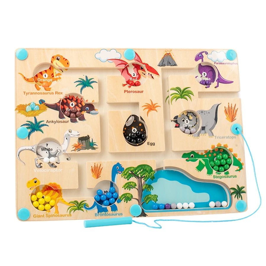 Tablero a juego de colores de estilo dinosaurio con tablero de actividades Montessori magnético, juguetes de cuentas de succión magnética de madera para niños y niñas