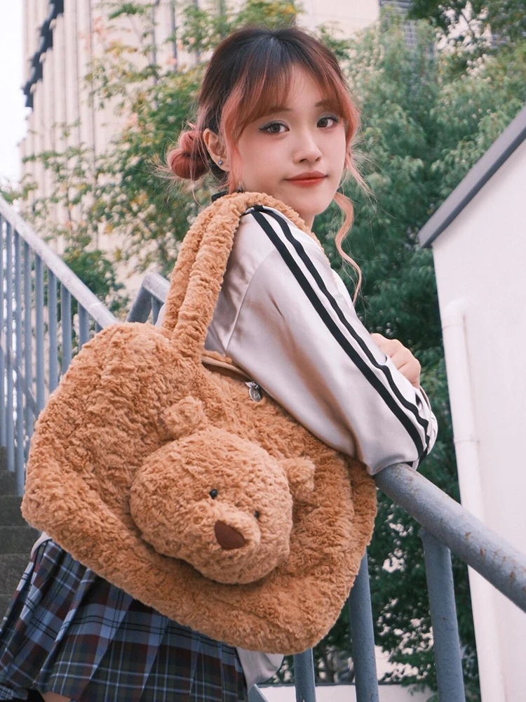 2025 Autumn And Winter New Plush Bear Doll Shaped Single Shoulder Women's Bag Large Capacity Portable Computer Tote Bag Trendy