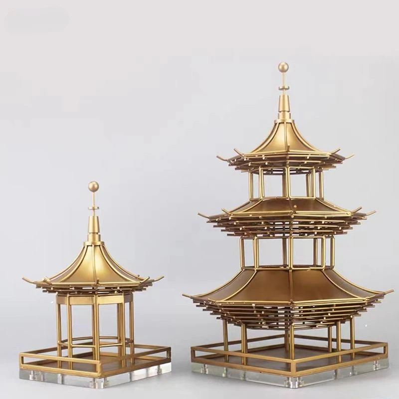 New Chinese style modern metal pagoda ornaments Home building model octagonal pavilion Zen inspired jewelry decoration