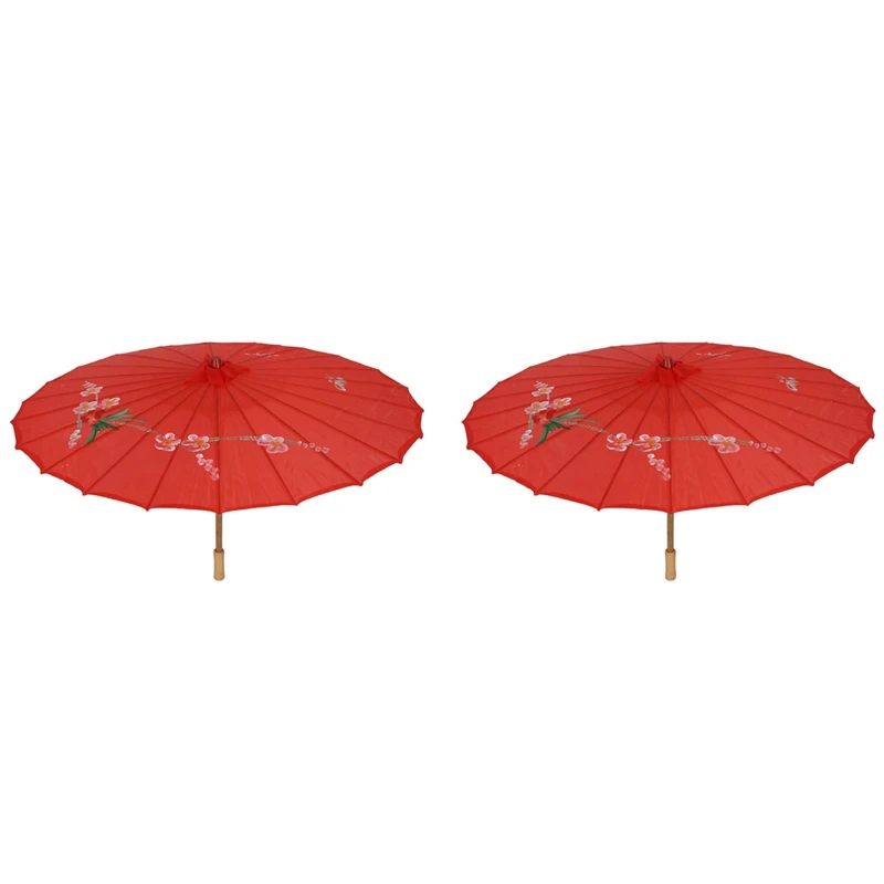 

2X Plum Blossom Pattern Red Bamboo 31.5 Inch Dia Oriental Umbrella Parasol