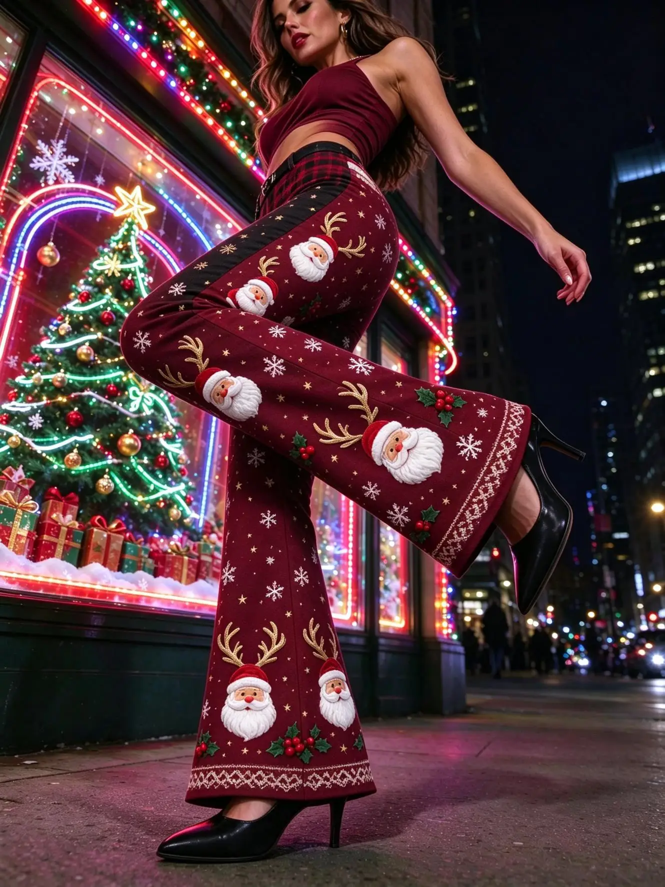 Women Mid-Rise Slim Flared Pants Christmas Burgundy Santa Reindeer Antler Snowflake Holly Print Stretch Bell Bottoms