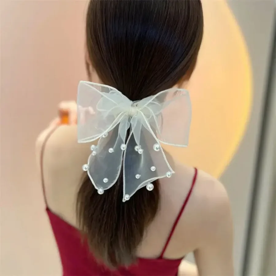 Horetong-lazo grande de malla para el pelo, banda elástica para cola de caballo, Perla dulce, banda de goma para peluquería de princesa, accesorios para el cabello coreanos elegantes