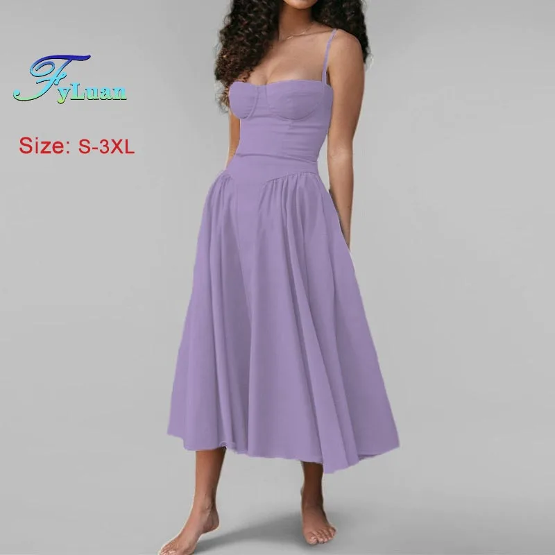 2025 Spring New Women Dress Elegant French Style Suspender Dress Retro High-Waisted Solid Color Long Dress Lady Prom Party Gowns