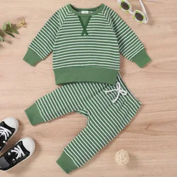 0-3 year old baby boys and girls spring and autumn striped patchwork long sleeved top+elastic waist pants fashionable two-piece