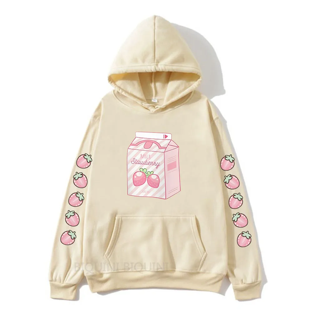 Strawberry Milk Cute Cartoon Graphic Printed Hooded Plus Size Hoodie Women Clothes Aesthetic Prevalent Female Warm Streetwear