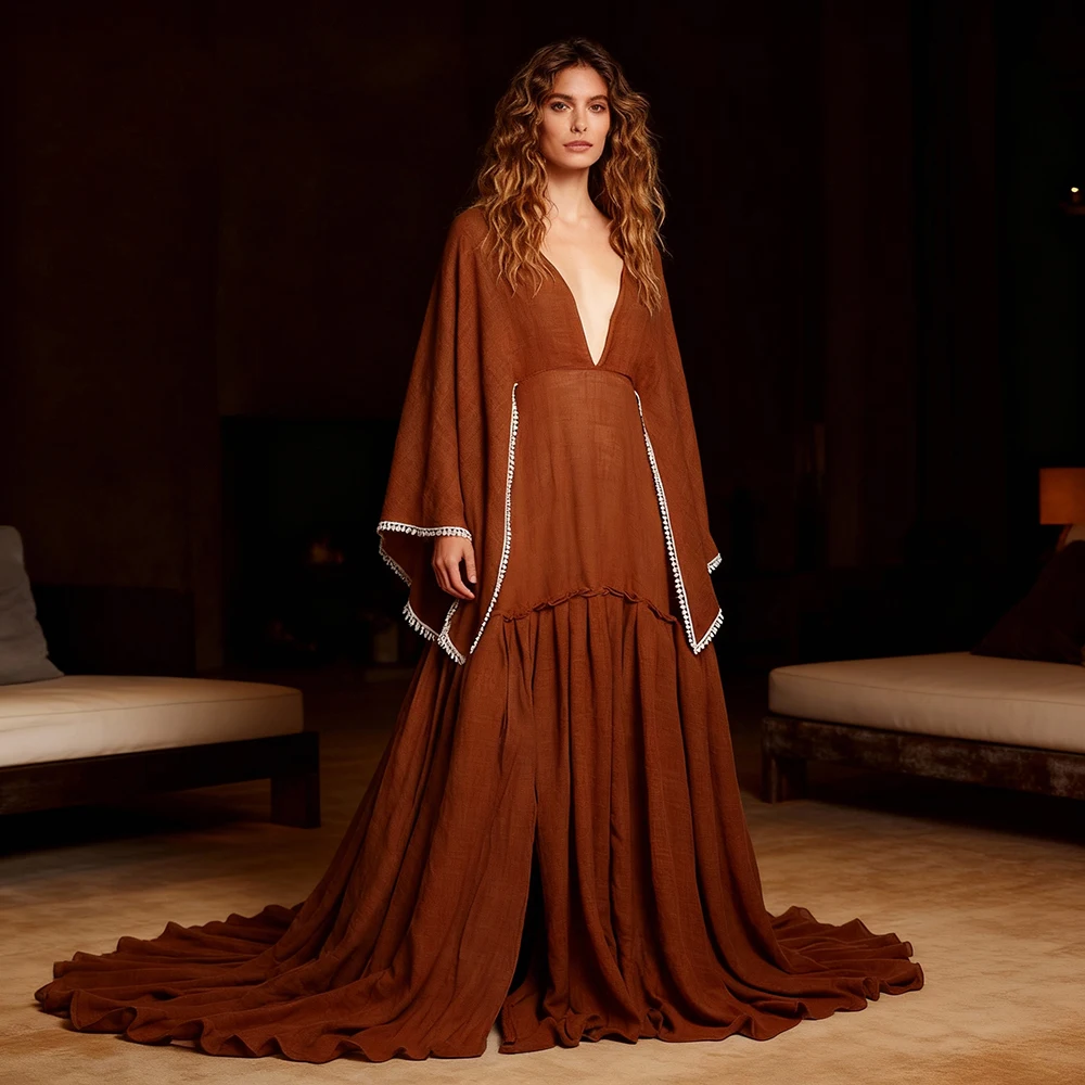 

Elegant Gowns Maternity Dresses for Photoshoot Long Flare Sleeves Side Slit Cotton Maxi Pregnancy Photo Shooting Dress