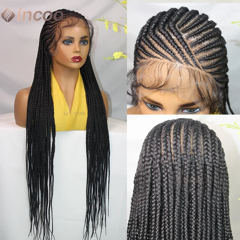 36" Cornrow Box geflochtene Perücken synthetische Vollspitze-Front-Perücken für Frauen knotenlose Zöpfe Perücke mit Babyhaar handgemachte Flechtperücke