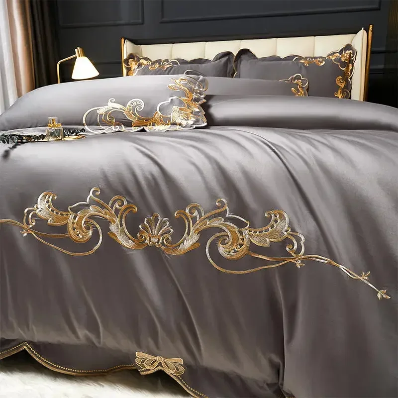 Dark Grey Egyptian Cotton Bedding Set Luxury Queen King Gold Embroidery Solid Color Duvet Cover Fitted Bed sheet Pillowcases