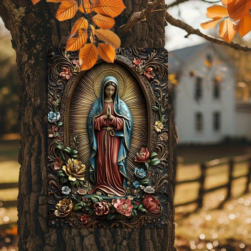 1pc Our Lady of Guadalupe Aluminum Wall Art, 8x8 Inch Round Metal Sign, Religious Decor for Home, Durable Collectible Artwork