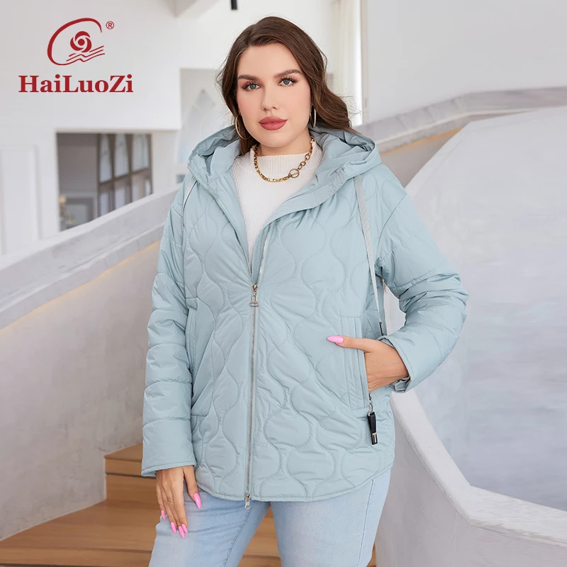 HaiLuoZi 2023 Plus Size Women\'s Jacket Short Classic Zipper New Winter Coat Thin Cotton Stylish Quilting Pocket Women Parka 3351