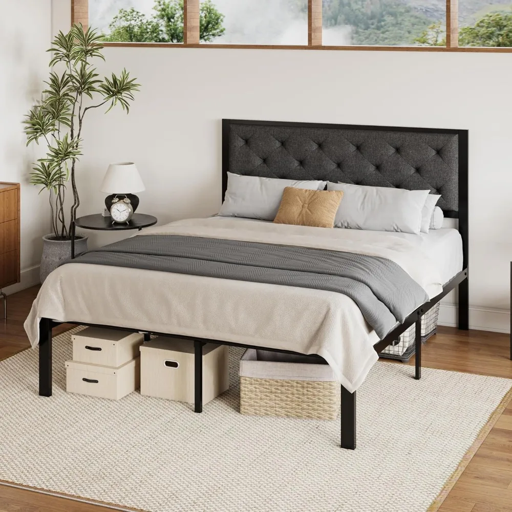 Full-size metal bed frame with button-tufted headboard, mattress base metal slats support, no need for a spring mattress