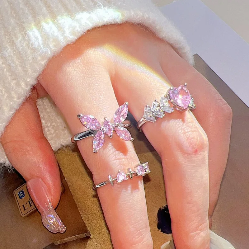 Pink Crystal Heart Bowknot Rings For Women Girls Y2k Kpop Sweet Cool Open Finger Rings Party Fashion Jewelry Gifts 2024 New