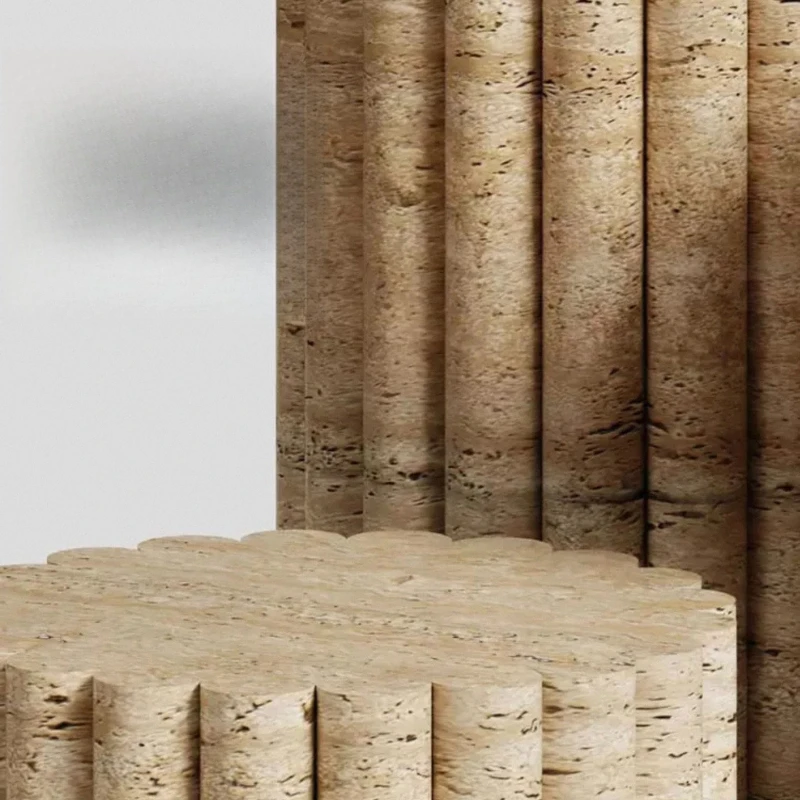 

Wabi-Sabi Beige Travertine Round Side Table Living Room Stone Pedestal Display Stand