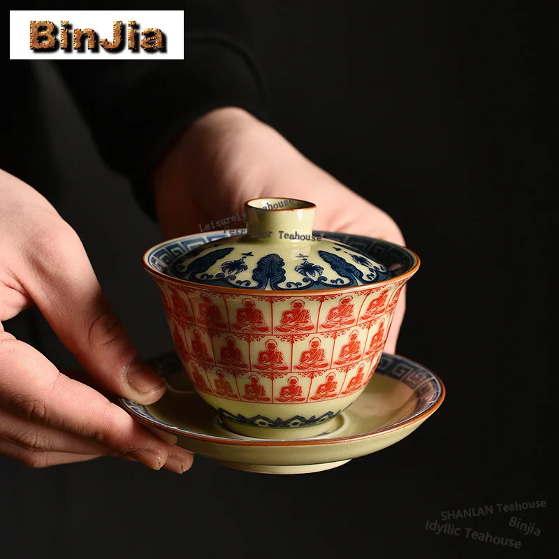 Creative Buddha Old Pottery Clay Gaiwan Antique Tea Tureen Tea Bowl with Lid Kit Tea Brewing Cover Bowl Tea Ceremony Decoration