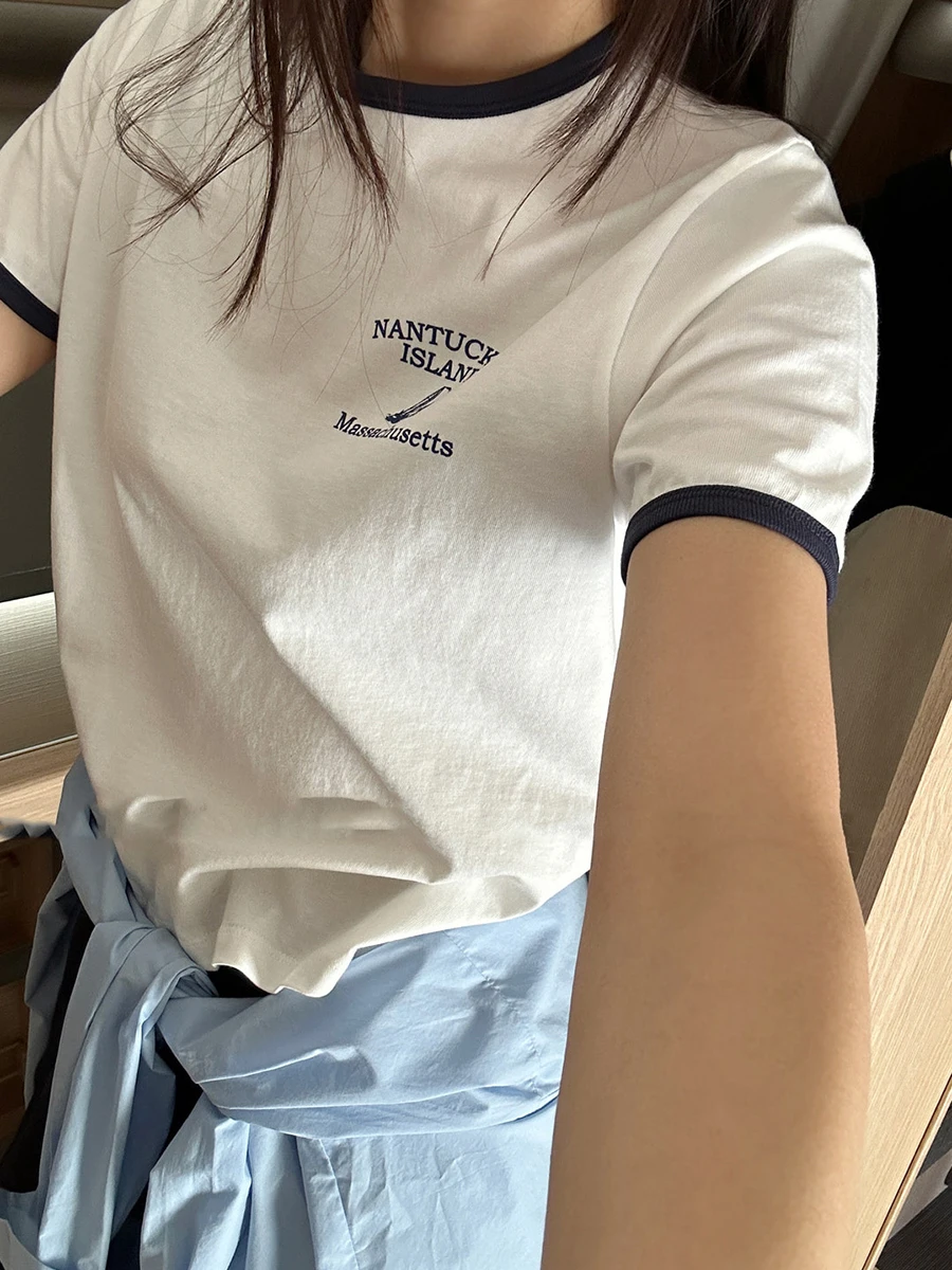 Sailboat Print Graphic T-shirt Women 2024 New Korean Fashion O Neck Short Sleeve Letter Tees Summer Chic Casual Contrast Tops