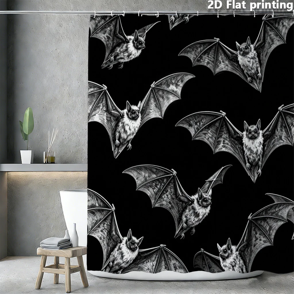 Vintage Bat Pattern Shower Curtain, Black White Gothic Waterproof Bath Curtain, Halloween Horror Bathroom Decor for Party