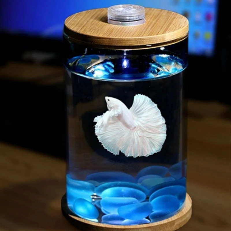 Round Micro Landscape Bottle Desktop Creativity Rotating Betta Tank Small Transparent Jellyfish Cylinder Light