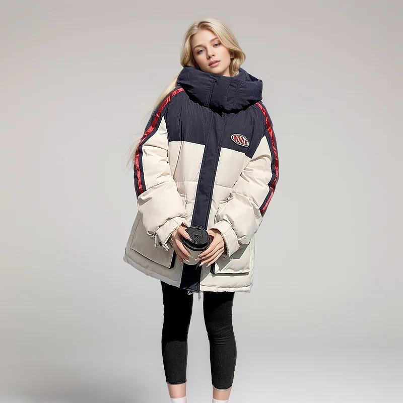 

Winter Women's Down Jacket New Contrasting Stitching Design Down Padded Jackets Hooded Stand Collar Thicken Warm Jacket