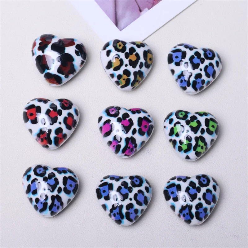 

New arrived 100pcs/lot color Leopard pattern print cartoon hearts shape resin straight hole beads diy jewelry garment accessory