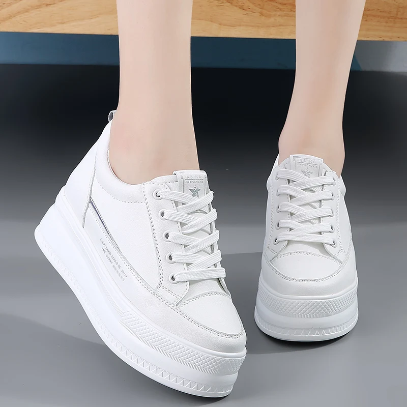 

7cm Microfiber Leather Women Casual Shoes White Platform Wedge Hidden Heel Shoes White Shoes Chunky Sneakers Skateboard