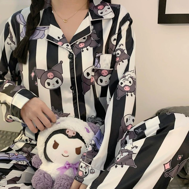 Sanrio Kuromi-Pijama de Hello Kitty para mujer, conjunto de 2 piezas de seda holgada de gran tamaño, estilo coreano Y2k, primavera y verano