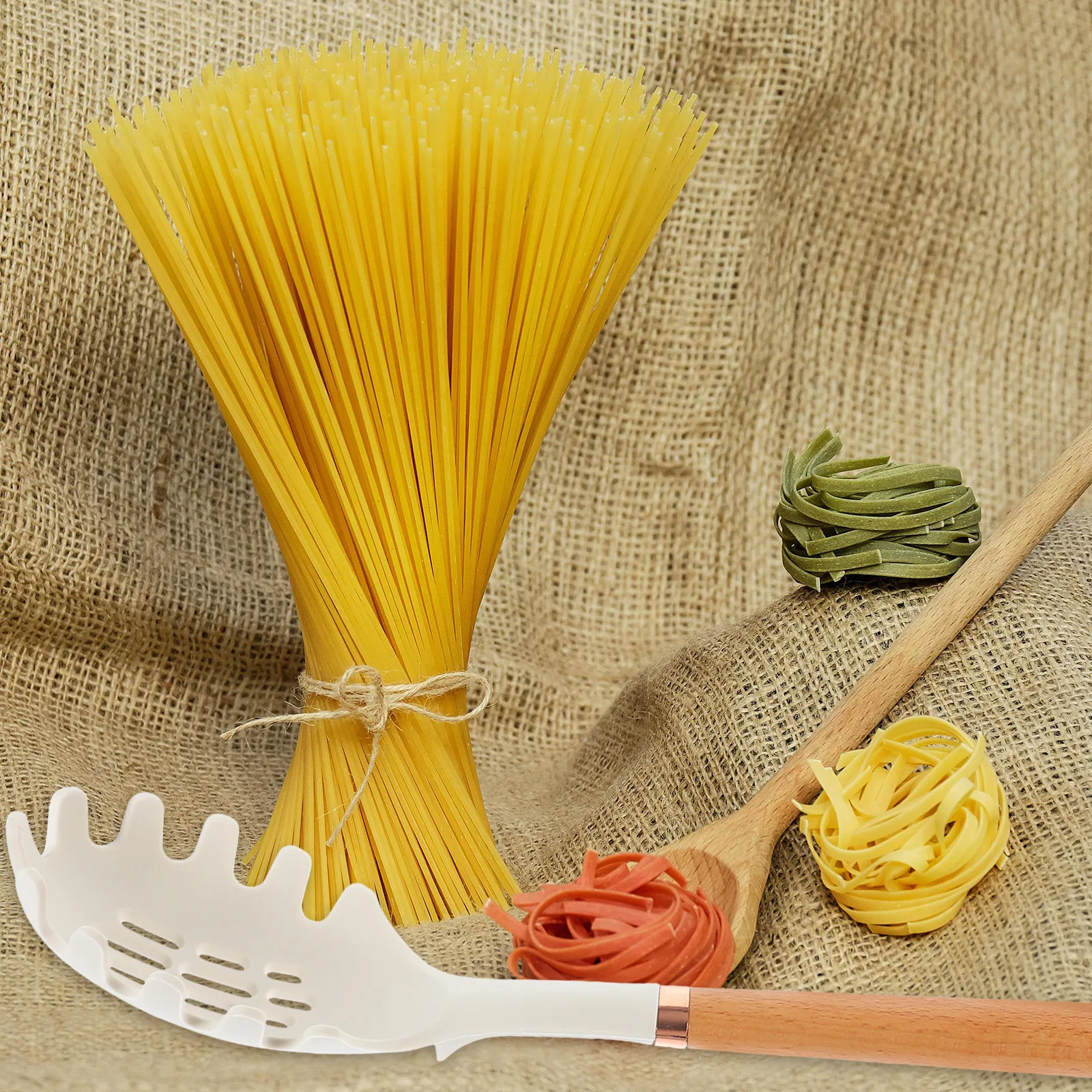

Silicone Spaghetti Fork Server with Wooden Handle Stainless Steel Pasta Spoon Kitchen Cooking Tool Pasta Ladle Strainer Noodle