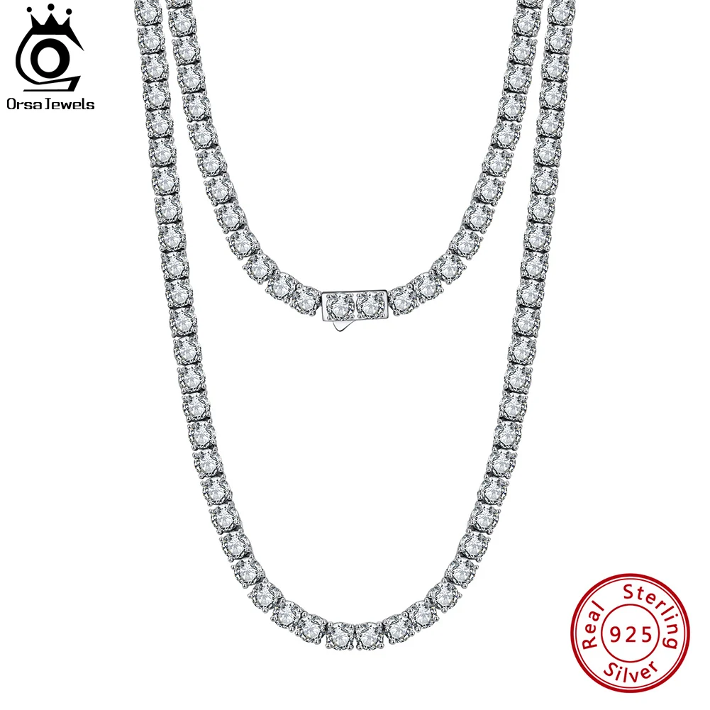 

ORSA JEWELS 925 Sterling Silver 3mm 4mm Tennis Chain Necklace for Women Luxury Clear Cubic Zirconia Neck Chain Fine Jewelry SC73