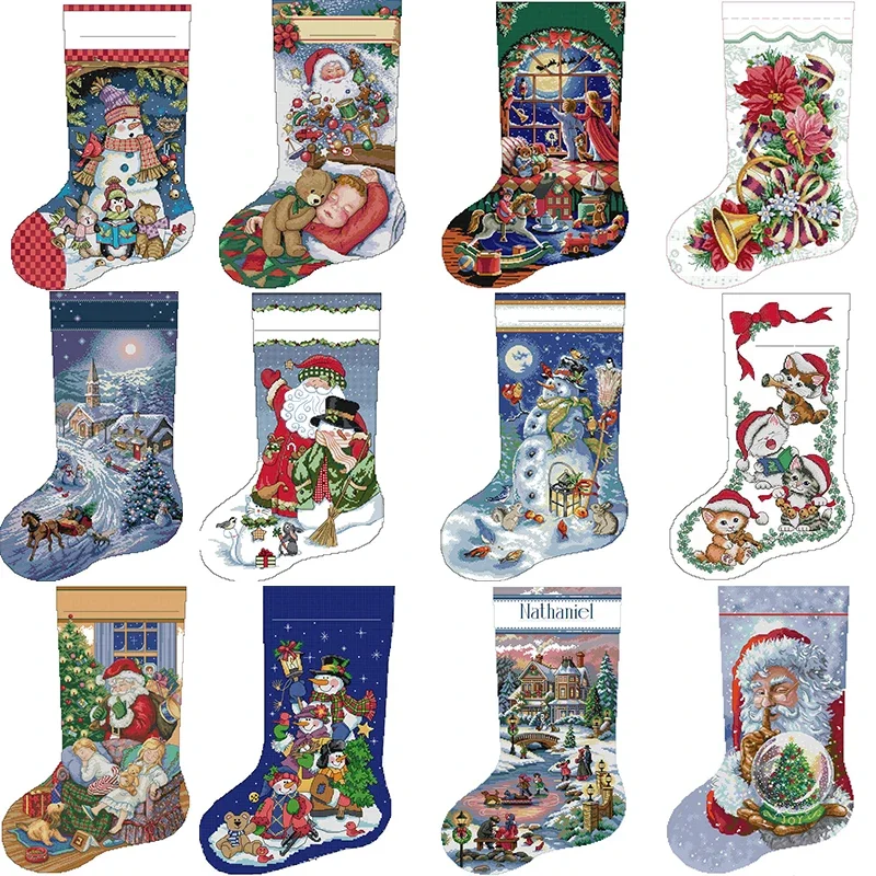 Christmas Stocking Series NKF Cartoon Pattern Cross Stitch Kit 14 16 11CT White Count Canvas Set DIY Embroidery Home Decor Gifts