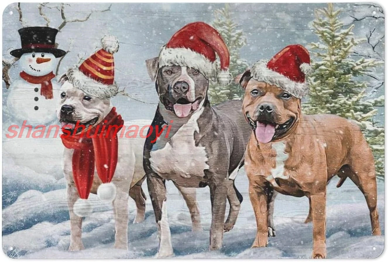 Funny Metal Tin Sign Christmas Wall Art Prints Pitbull Wearing Santa Hat, Dog Wall Art Picture Christmas Wall Poster Home Bar Sh