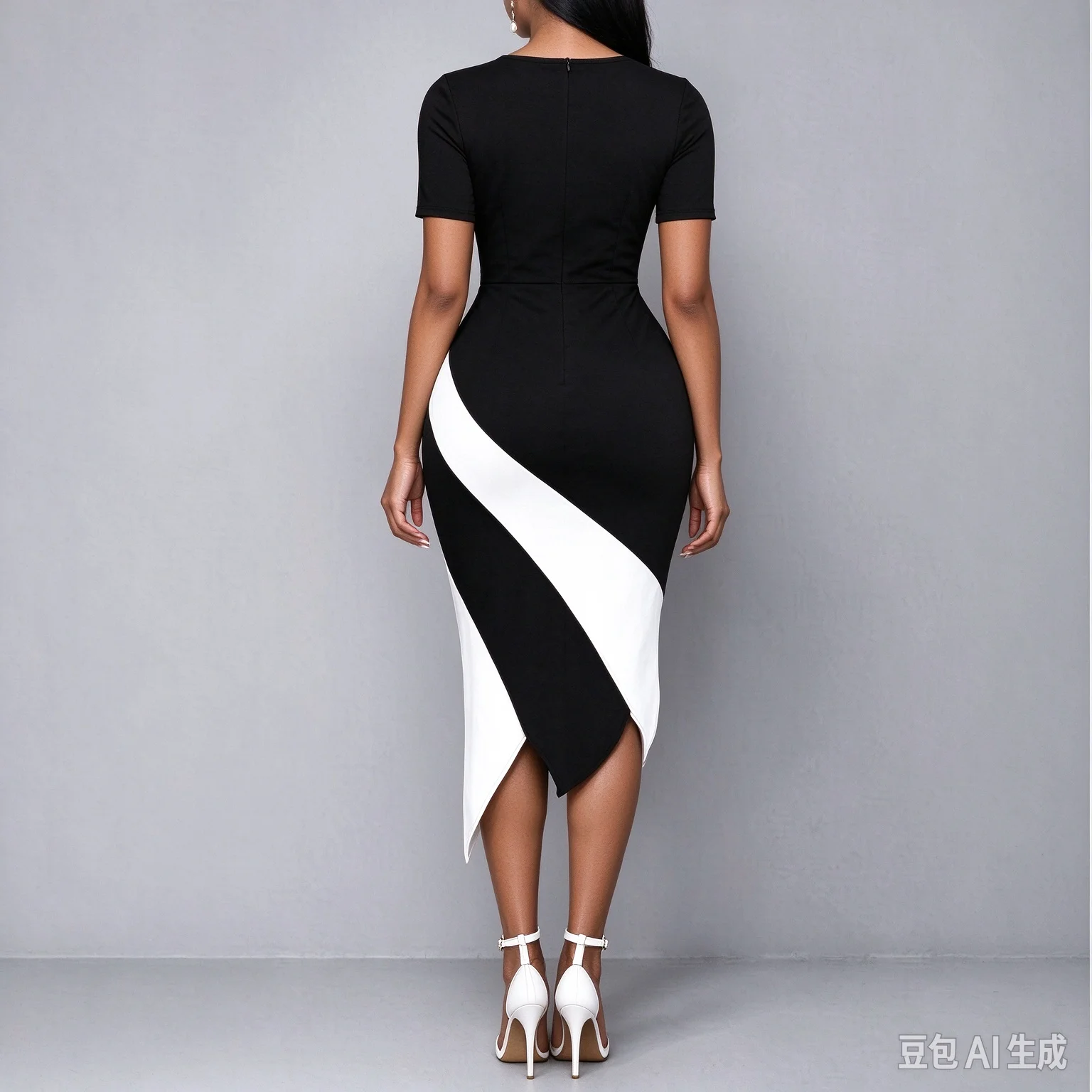 Customized Black White Color Block Midi Bodycon Dress Short Sleeve Chest Cut‑Out Asymmetric Hem Elegant Party Pencil Dress