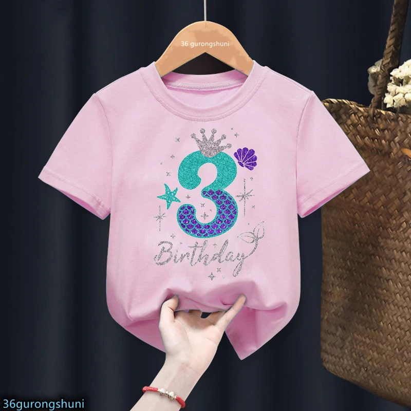 Camiseta con estampado gráfico de princesa sirena para niñas, ropa Kawaii para niños, Tops de verano, regalo de cumpleaños 3th/4th/5th/6th