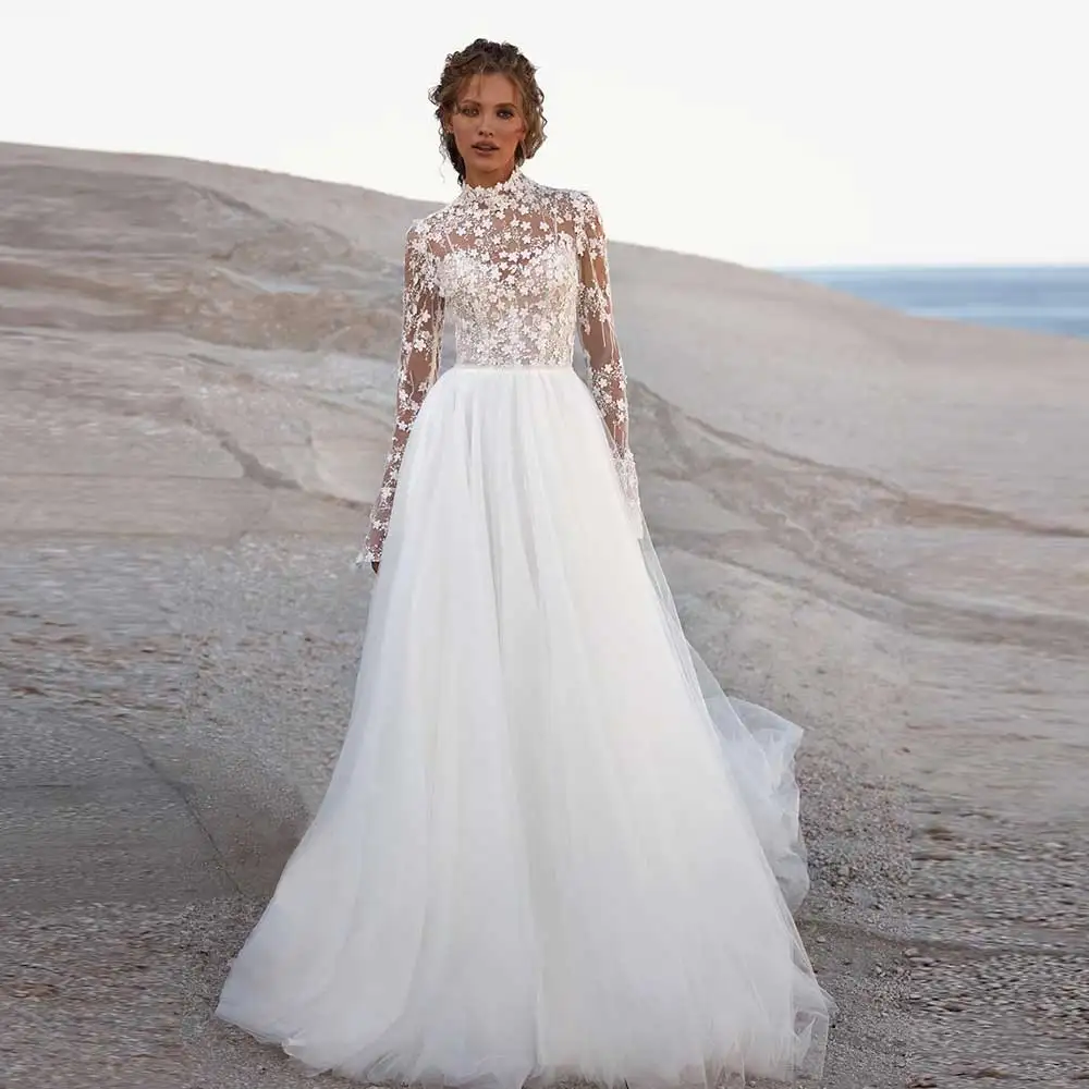 

Gorgeous Bohemian Chic Wedding Dress High Neck Tulle Lace Long Sleeves A-Line Draped Women's Court Train Bata Novia Boda