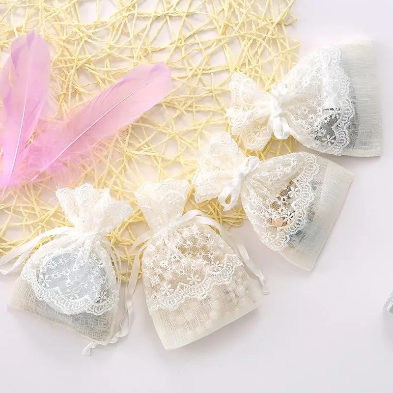White Gift Bag Festival Favor Gauze Storage Bag Packing Lace Sachet Jewelry Packing Reusable Gift Bag Drawstring Pocket Packing