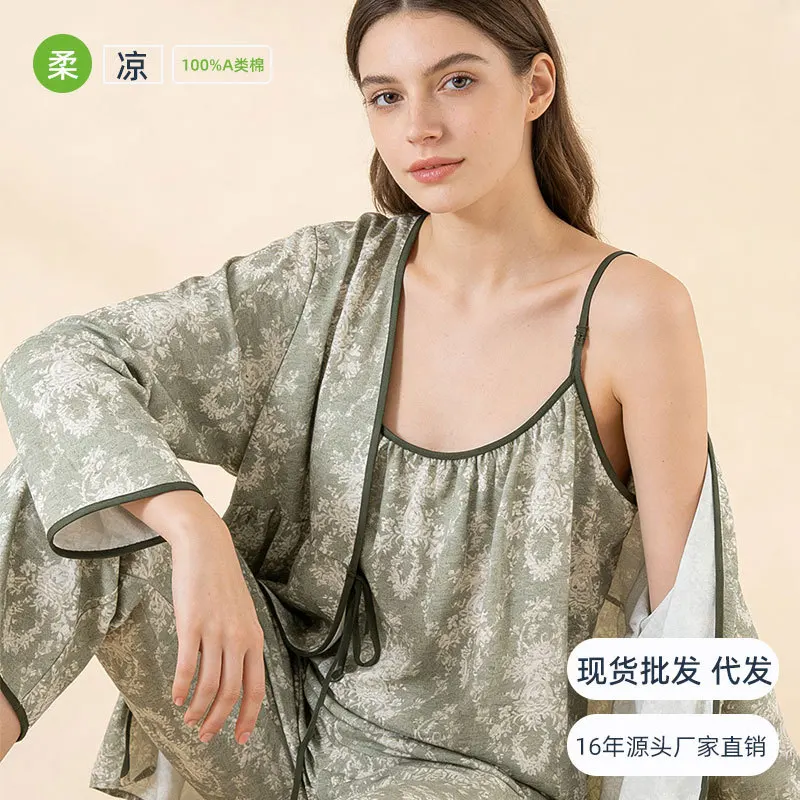 Cotton Double-layer Crepe National Style Cardigan Tops and Long Wide Leg Pants with Pockets 3 Pcs Pajama Homewear Women Suit