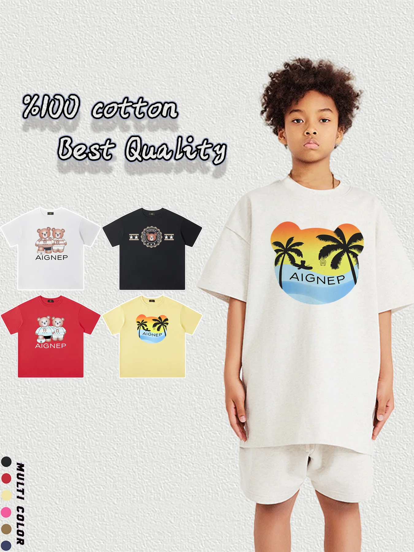 

Kids Tees 2025 Hot sales Cartoon Bear Print Child Short sleeve Vacation Outings T-shirt Boys Round neck Tops Casual Wear Shirt