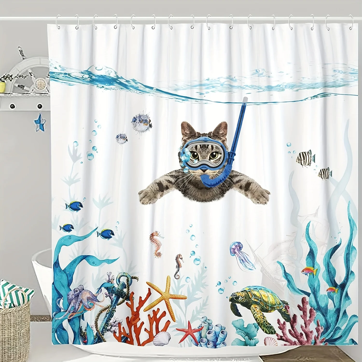 Blue Fun Cat & Ocean Life Shower Curtain – Water-Resistant, Easy-Care Polyester Bathroom Decor with Eyelets (72x72)