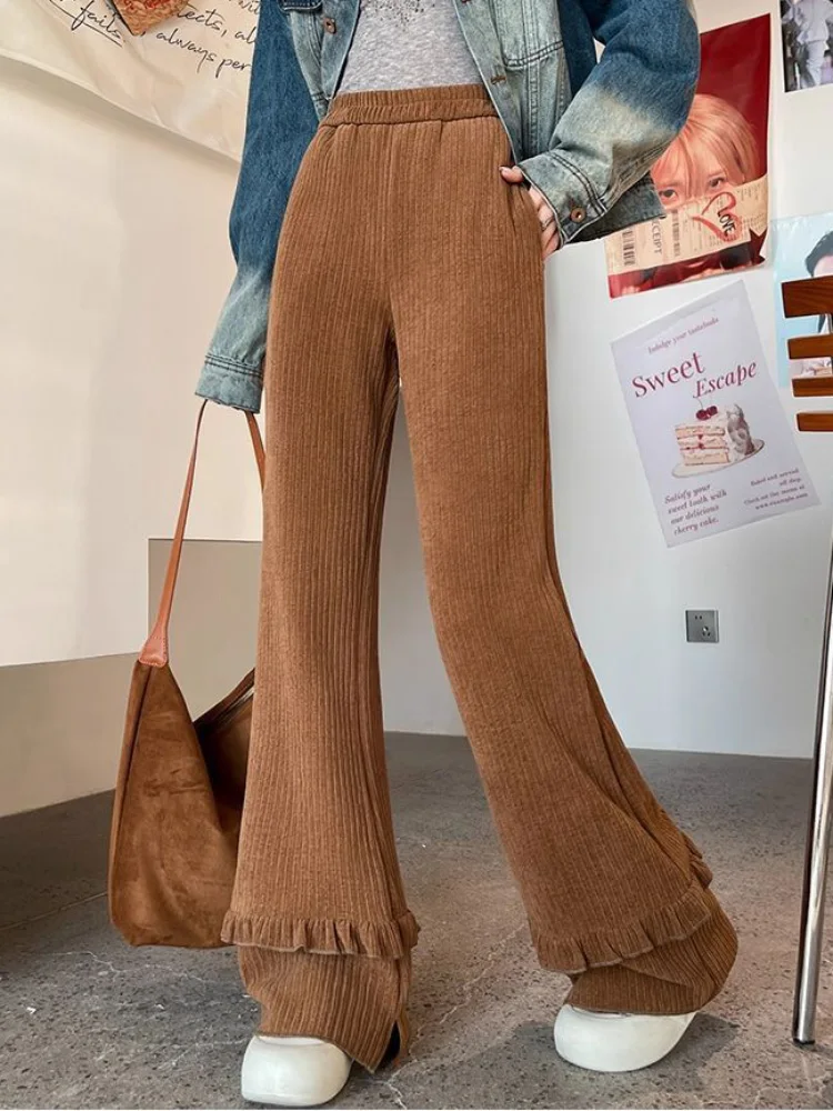Fungus Lace Corduroy Pants Women's Casual Baggy Elastic Pantalones Fashion Loose High Waisted Wide Leg Bootcut Trousers Spodnie