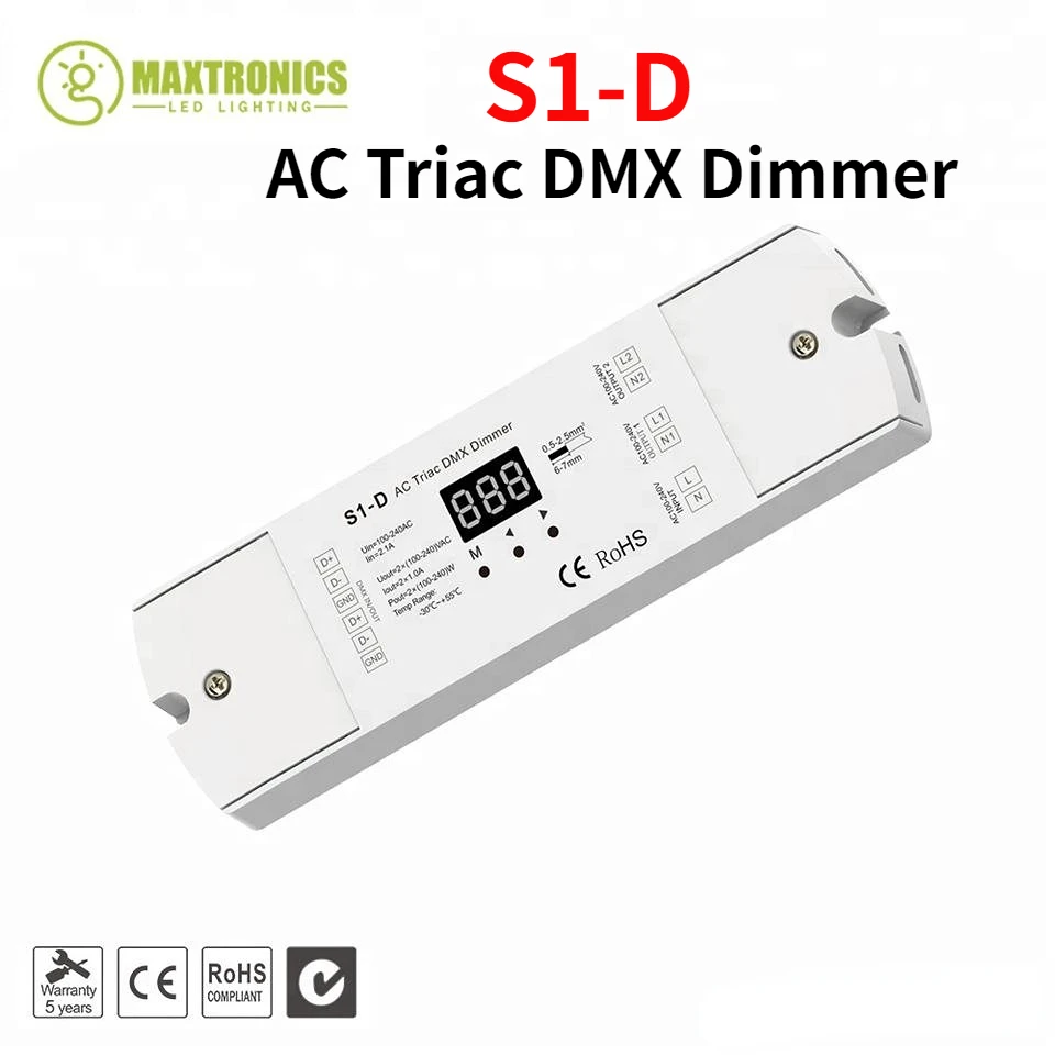 

S1-D 2Channel 2CH Triac DMX LED Dimmer AC100V - 240V 288W, Dual Channel Output Silicon DMX512 LED Controller Digital Display