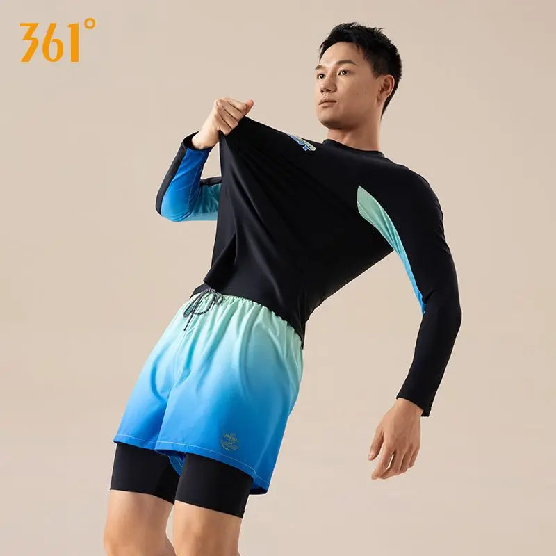 361Men 2Pcs Long/Short Sleeve Professional Quick Dry Beach Shirt Trunks Quick-Dry Surfing Rash Guard Board Sports Swim Shorts