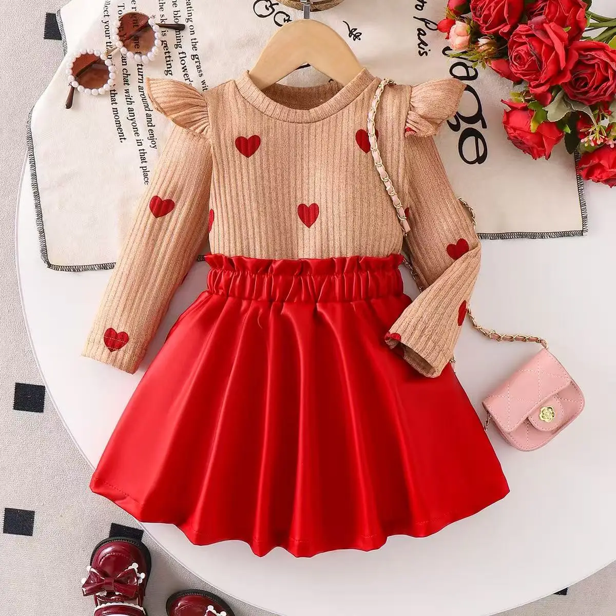 

2026 Toddler Girl Princess Outfit Autumn Winter Love Print Long Sleeve Top Red Skirt for Birthday Party Cute Kids Dress for 2-7Y
