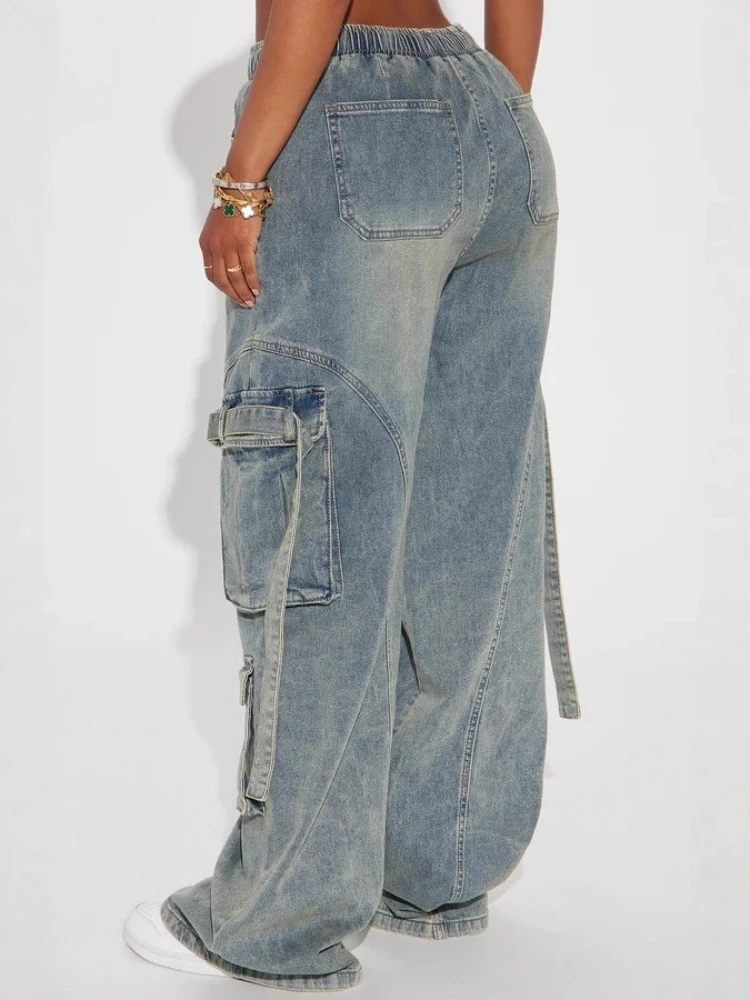 Deeptown Blue Vintage Women Cargo Jeans Washed Wide Leg Elastic Waist American Style Denim Trousers Oversize Hip Hop High Street