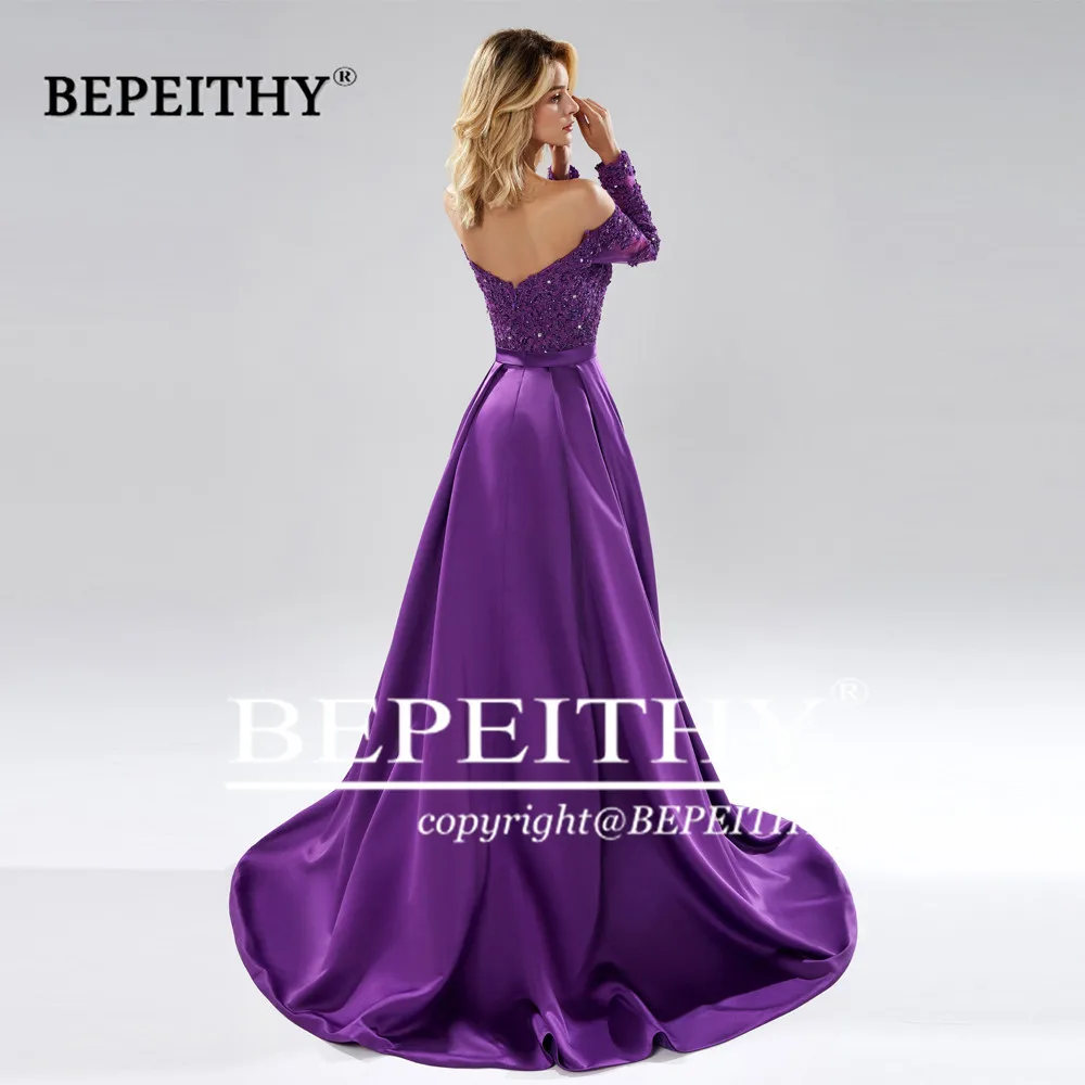 BEPEITHY Robe De Soirée Femme Off  The Shoulder A line Evening Dress Elegant Full Sleeves Purple Lace Bodice Prom Dresses 2023