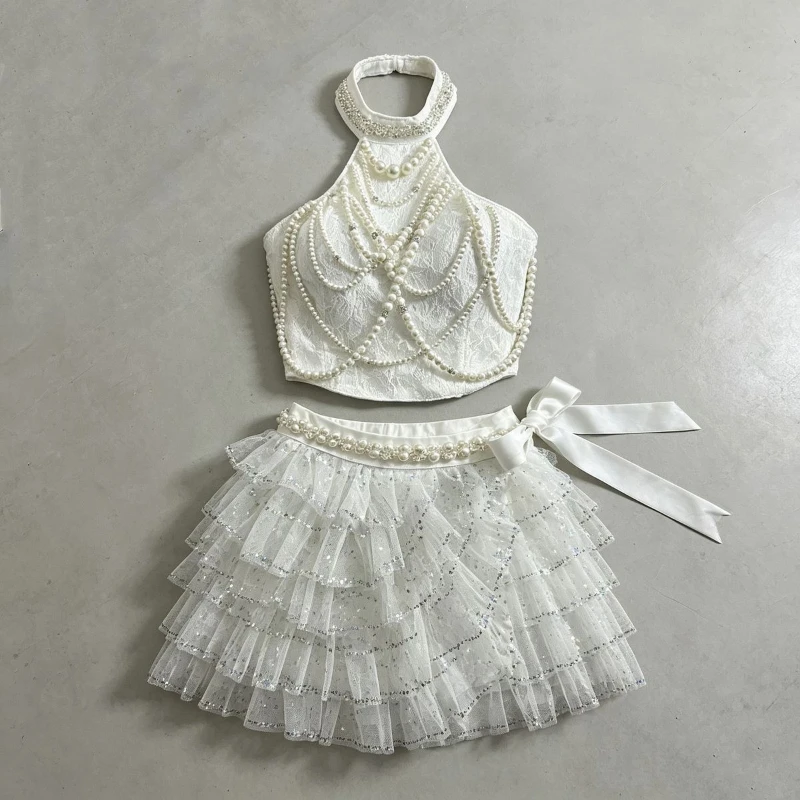 Sexy Clubwear White Pearl Feather Trim Halter Neck Tiered Cake Skirt 2 Piece Set Women Girls Gogo Dance Stage Performance Outfit - view 6