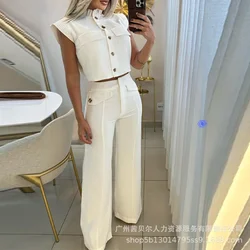 Women Two Piece Sets Pant Set Single Breasted Short Sleeve Tops Wide Leg Long Pants Elegant White High Waist Casual Summer